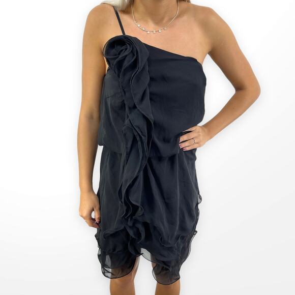 00s ANDREE Vintage Y2K Black Ruffle One Shoulder Lined Mini Dress - Picture 1 of 8
